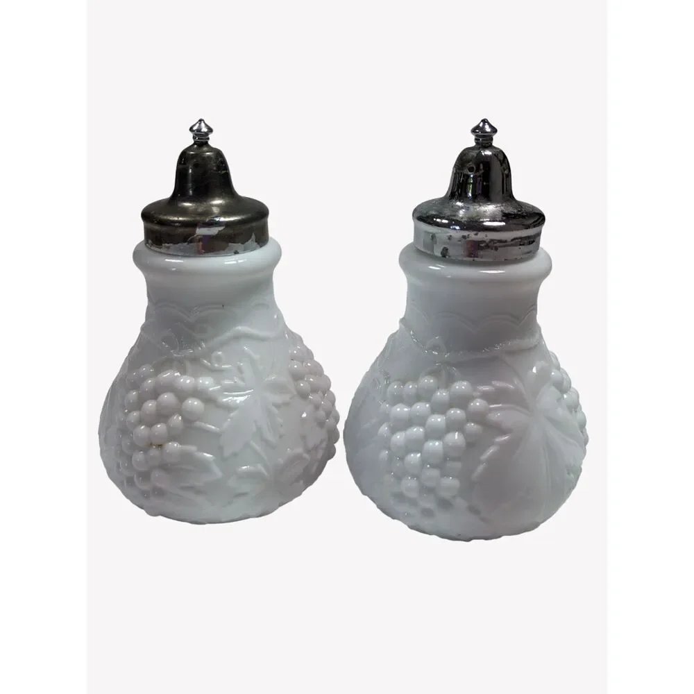 Imperial Milk Glass Grape Vine Salt & Pepper Shakers Larger Size Vintage 1950s